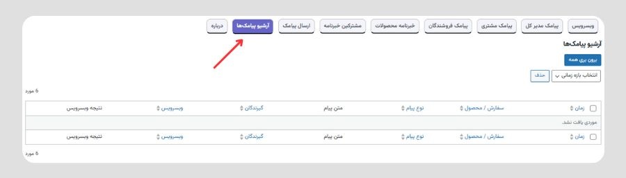 گزارش آرشیو پیامک های ووکامرس
